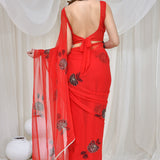 Red Georgette Hand Painted Saree