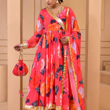 Strawberry Pink Georgette Anarkali Set With Floral Prints