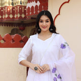 White Taffeta Silk Suit Set With Floral Prints