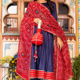 Indigo Cotton Silk Anarkali Set With Bandhani Dupatta