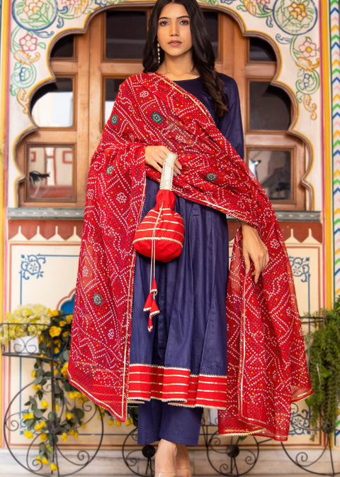 <img> Indigo Cotton Silk Anarkali Set With Bandhani Dupatta