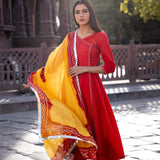 Red Cotton Silk Suit Set With Bandhani Dupatta