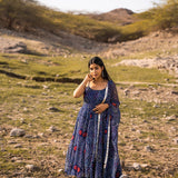 Cobalt Blue Chiffon Bandhani Anarkali Set