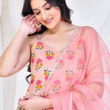 Pale Pink Cotton Anarkali Set With Floral Prints