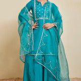 Blue Green Silk Kurti With Sharara And Dupatta