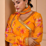 Orange Chiffon Anarkali Set With Printed Floral Design