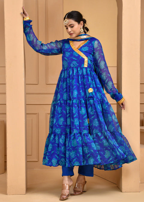 <img> Blue Chiffon Anarkali Set With Printed Design