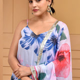 White Georgette Anarkali Set With Digital Print