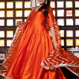 Tiger Orange Taffeta Silk Anarkali Set With Zari Woven Dupatta