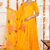 Yellow Anarkali Set With Organza Dupatta