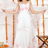 White Organza Anarkali Set With Floral Prints