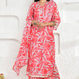 Punch Pink Chanderi Kurta Set With Floral Prints