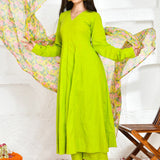 Lime Green Cotton Anarkali Set With Printed Dupatta