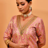 Pink Banarasi Kurta Set With Brocades