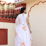 White Taffeta Silk Suit Set With Orange Floral Prints
