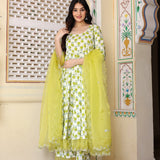 White And Green Cotton Anarkali Set With Handblock Prints