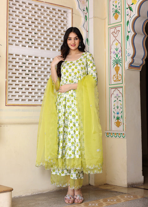 <img> White And Green Cotton Anarkali Set With Handblock Prints