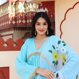 Blue Cotton Anarkali Set With Hand Painted Design
