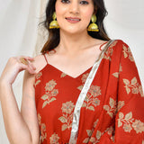 Maroon Cotton Anarkali Set With Floral Prints