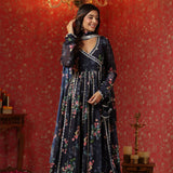 Dark Navy Blue Georgette Floral Printed Anarkali Set