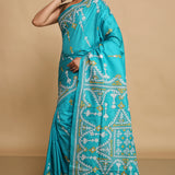Verdigris Blue Pure Bangalore Silk Saree With Gujarati Craft