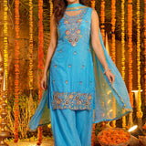 Sky Blue Floral Embroidered Silk Kurta Set