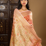 Golden Pink Floral Kanjivaram Silk Saree