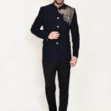 Dark Navy Blue Terry Rayon Prince Coat With Pant