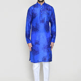 Royal Blue Cotton Silk Kurta Set With Floral Print