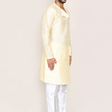 Soft Yellow Art Silk Kurta Set With Designer Neck
