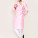 Soft Pink Art Silk Kurta Set With Designer Neck