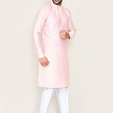 Pastel Pink Jacquard Silk Kurta Set With Designer Neck