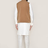 White Art Silk Kurta Set With Rayon Brown Jacket