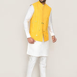 White Art Silk Kurta Set With Yellow Jacket