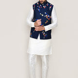 White Art Silk Kurta Set With Blue Cotton Jacket