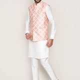 White Art Silk Kurta Set With Peach Jacket