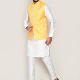 White Art Silk Kurta Set With Yellow Jacket