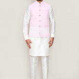 White Art Silk Kurta Set With Pink Cotton Jacket