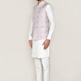White Jacquard Kurta Set With Grey Jacket