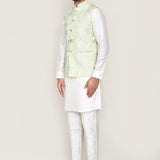 White Art Silk Kurta Set With Pista Green Jacket