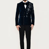 Dark Blue Velvet Suit Set With Bow