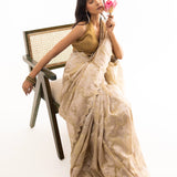 Dark Beige Viscose Jacquard Saree With Scallop Border