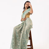 Greenish Gray Silk Tissue Saree With Fancy Border