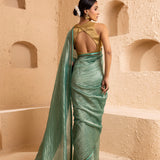Pale Teal Chanderi Saree With Zari Stripes