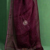 Wine Berry Silk Organza Saree With Embroidery Design