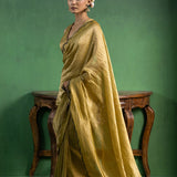 Ochre Yellow Chanderi Saree With Zari Stripes