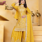 Bright Yellow Embroidered Crepe Sharara Set