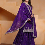Deep Violet Silk Embroidered Sharara Set