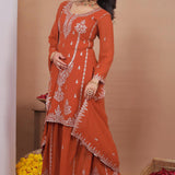 Dark Orange Floral Embroidered Georgette Sharara Set