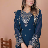 Dark Teal Blue Floral Embroidered Georgette Kurta Set